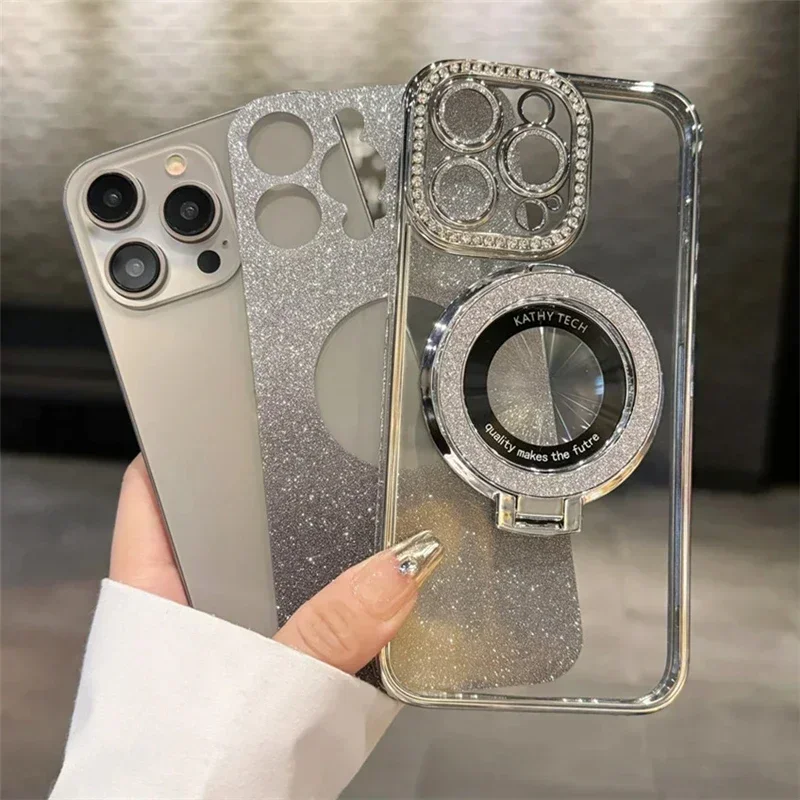 Luxury Plating For Magsafe Magnetic Stand Holder Glitter Diamond Case For iPhone 17 16 15 11 12 13 14 17 Pro Max Silicone Cover