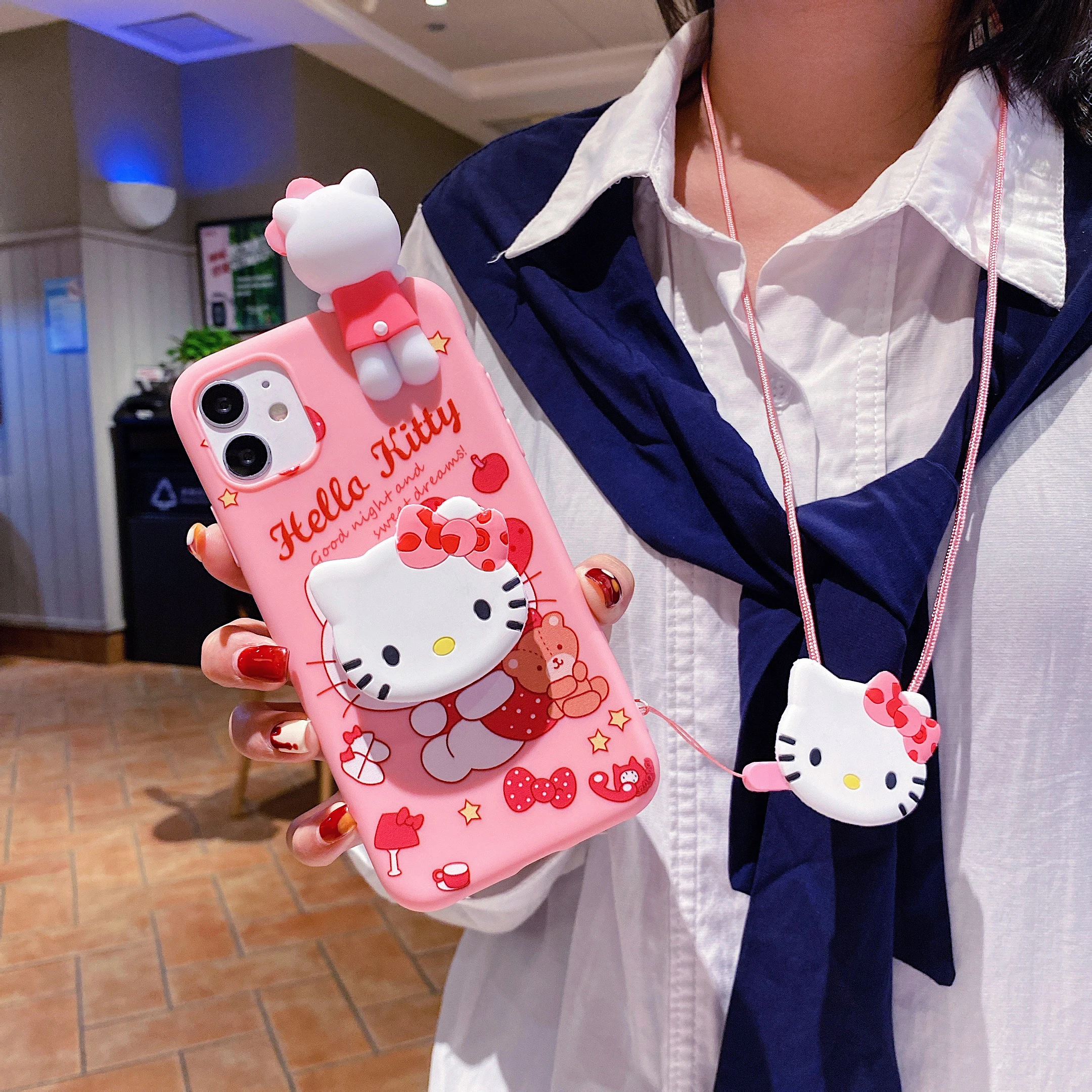 Cute Cartoon Cat Case With Rope For iPhone 16 15 14 13 12 11 Pro Max mini Plus