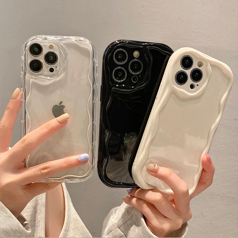 S297cb166f7504bc799b73c3b81cf2eeaJ.webp Wave Pattern Solid Color Cream For iPhone 11 12 13 14 15 16 17 Pro Max Plus Air Transparent Resistant Clear Shockproof Case