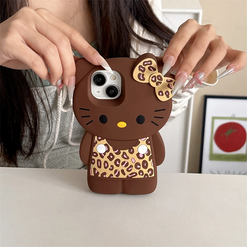 3D Cartoon Kittty Phone Case for iPhone 16 Plus 15 14 13 12 Pro Max Sexy Leopard Print Bowknot Cases Soft Silicone Cover