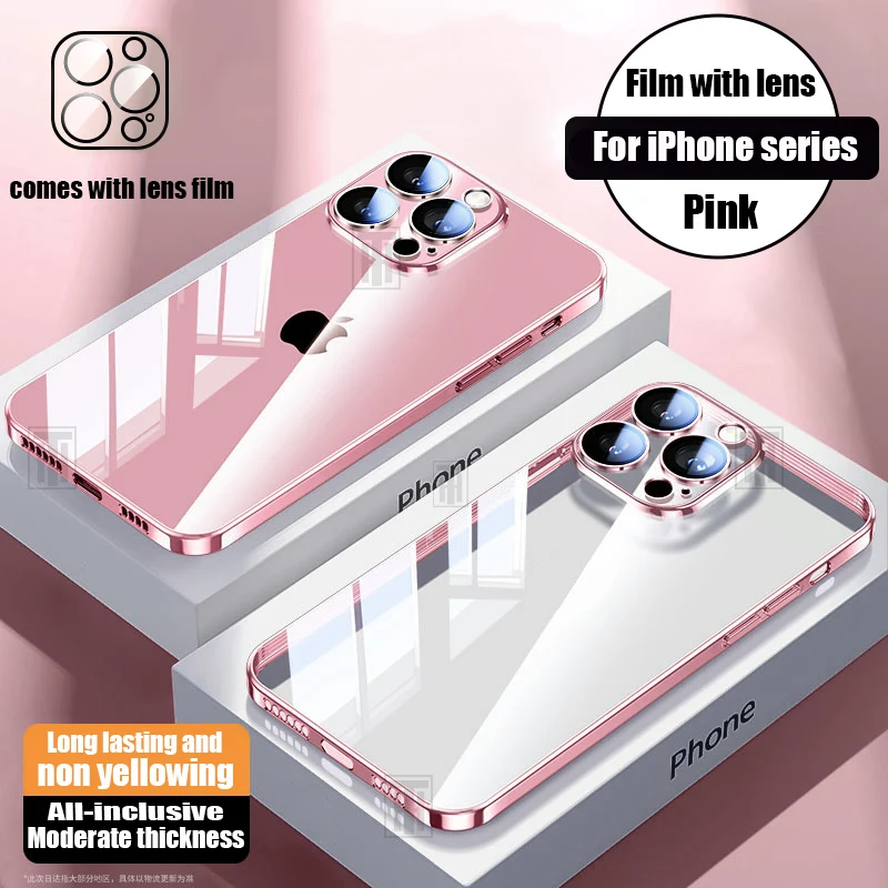 S2ae6d62447d24395a053d114d830dd810.webp Ultra Thin Heat Dissipation Phone Case For iPhone 15 14 11 12 13 Pro Max Plus Clear Plating Soft TPU Lens Film Protection Cover