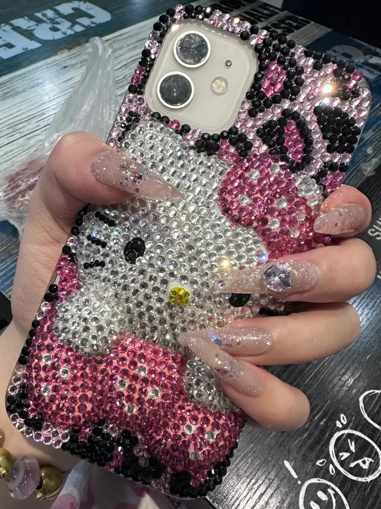 Kitty Cartoon Cat Rhinestone Bling Crystal Phone Case Chain For iPhone17 16 15 14 13 12 11Pro Max XR 7 8 Plus SE Mini Transparent