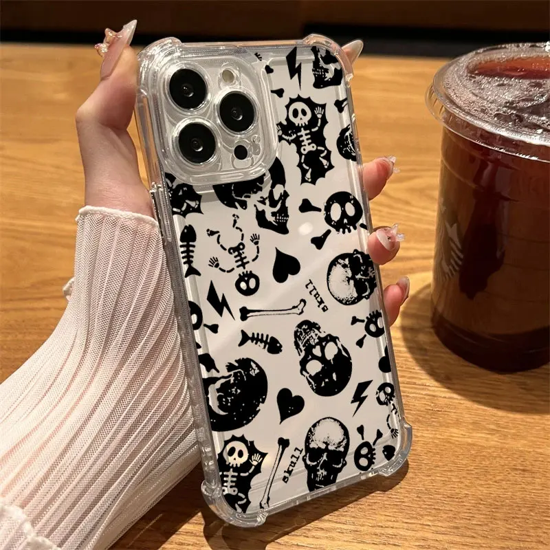 Cute Classic Halloween Bone Skull Phone Case Clear For iPhone 17 16 14 15 11 12 13 Pro Max 16E 15 16 Plus 17Air Shockproof Cover