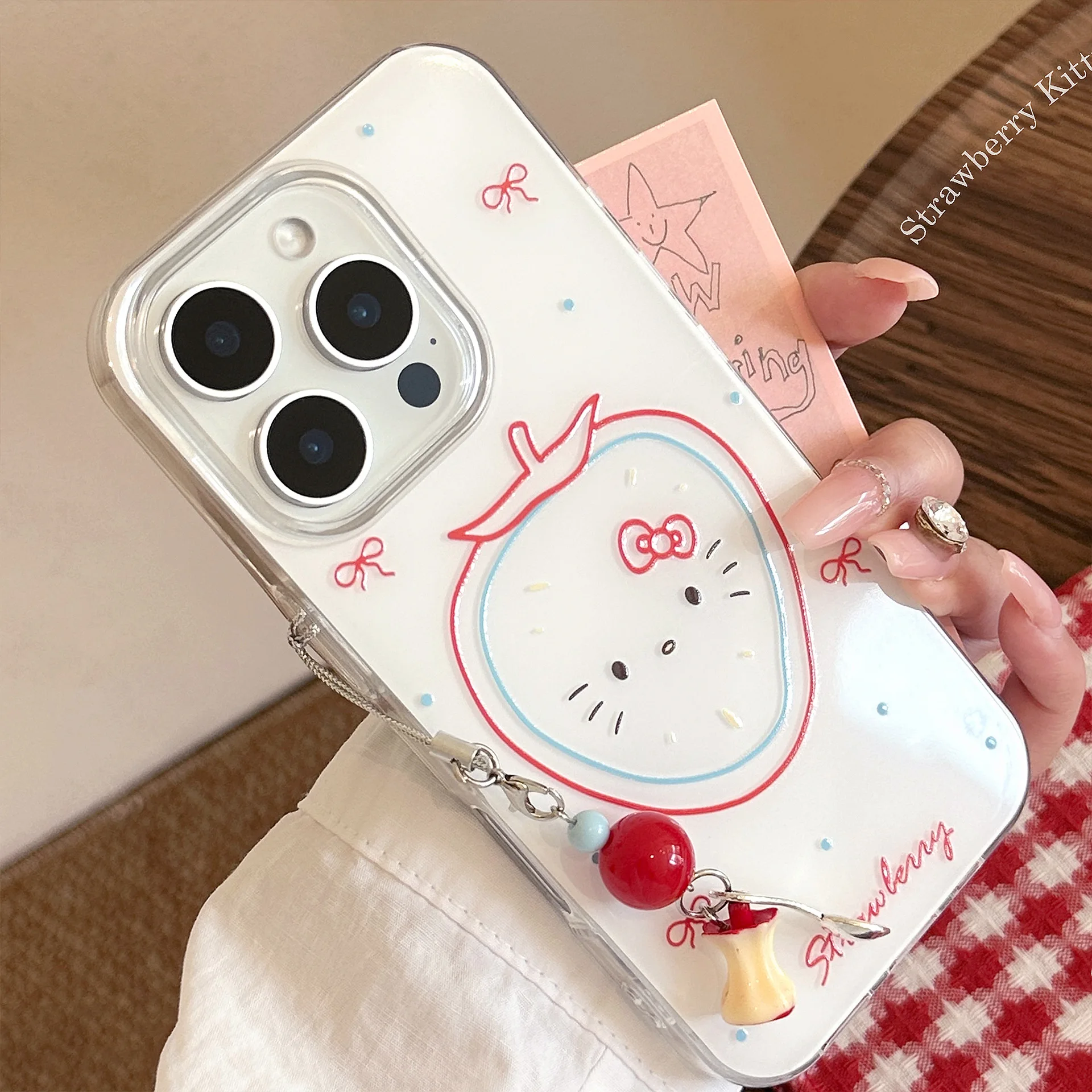 Cartoon Kitty Strawberry Phone Case For iPhone 16 13 14 15 12 11 Pro Max XS XR X With Pendant Shockproof Hard Cover