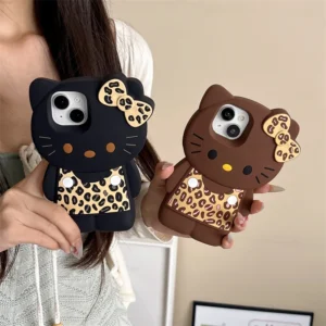 3D Cartoon Kittty Phone Case for iPhone 16 Plus 15 14 13 12 Pro Max Sexy Leopard Print Bowknot Cases Soft Silicone Cover