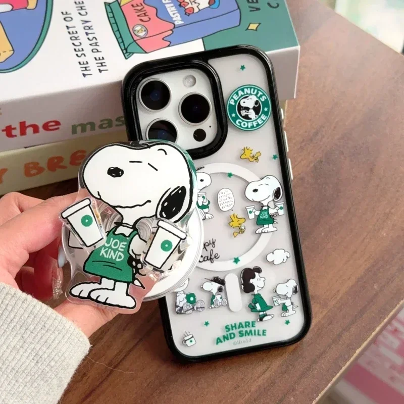 Korea Cute Cartoon Snoopy Magnetic Grip Tok Holder Magsafe Wireless Charge Phone Case For iPhone 17 16 15 14 13 Pro Max Cover