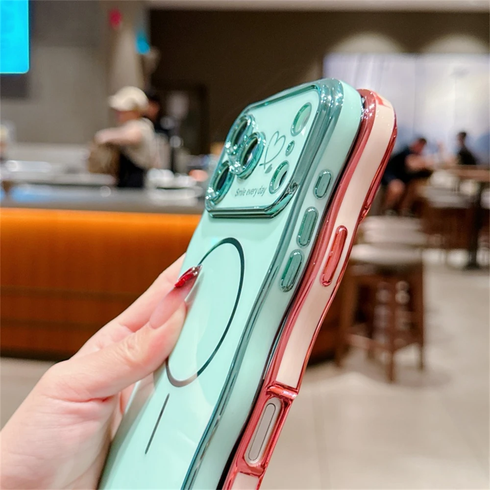 For Magsafe Plating Love Heart Wavy Lines Phone Cases for IPhone 17 16 14 13 12 11 Pro Max 16 15 Plus 17 Air Case Magnetic Cover