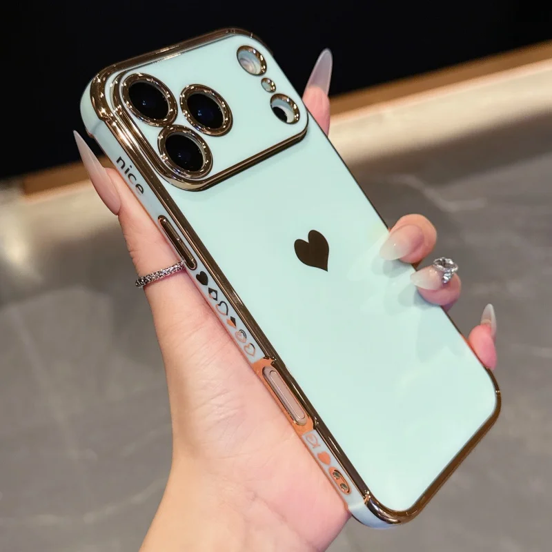 Luxury Plating Love Heart Soft Phone Case For iPhone 17 Air 16 15 14 13 12 11 Pro Max Mini Plus Edge Pattern Silicone Back Cover
