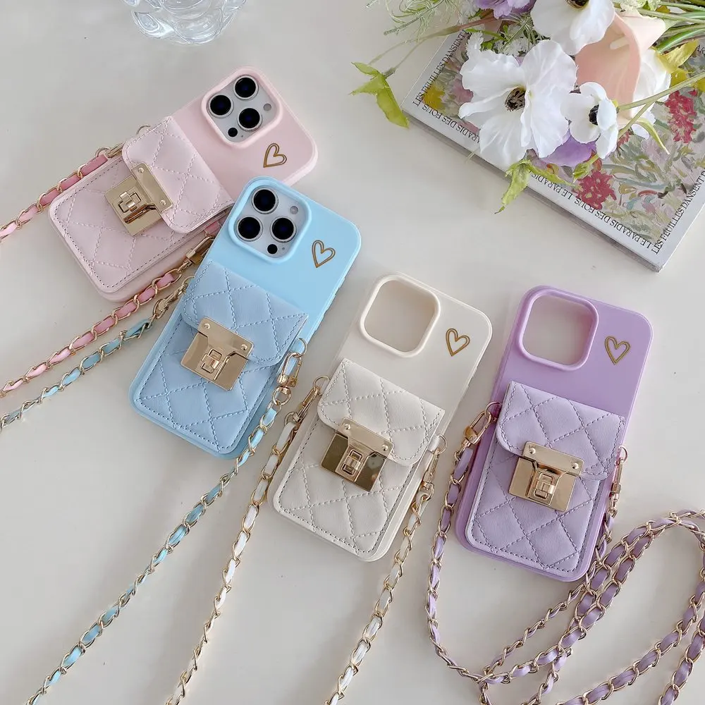 Love Heart Card Holder Wallet Phone Case For iPhone 17 Air 11 12 13 14 15 Pro Max 16 Plus Crossbody Lanyard Strap Rope Cover