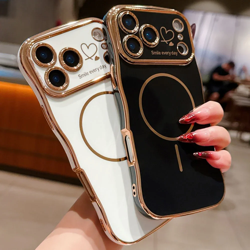 For Magsafe Plating Love Heart Wavy Lines Phone Cases for IPhone 17 16 14 13 12 11 Pro Max 16 15 Plus 17 Air Case Magnetic Cover
