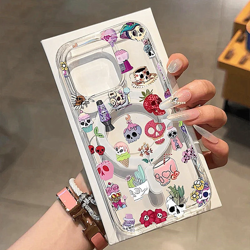 Creative Skeleton Design Phone Case for iPhone 17 16 15 14 13 12 11 Pro Max 16e 7 8 Plus X XR Halloween Magnetic Clear PC Cover
