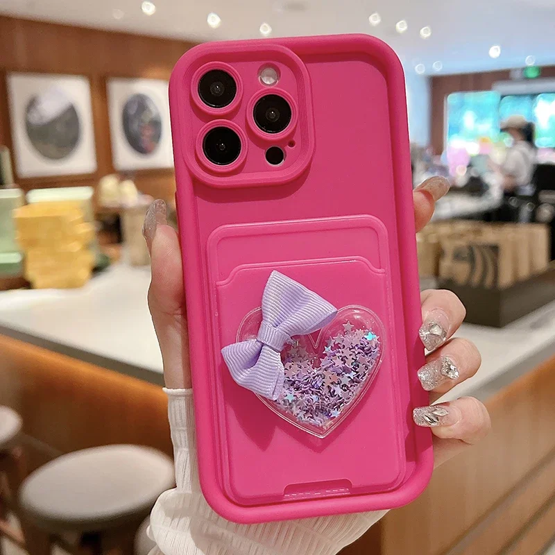 Lovely 3D Love Heart Card Bag Holder Phone Case For iPhone 17 Pro 16 15 14 13 12 11 Pro Max 7 8 Plus Shockproof Candy Soft Cover