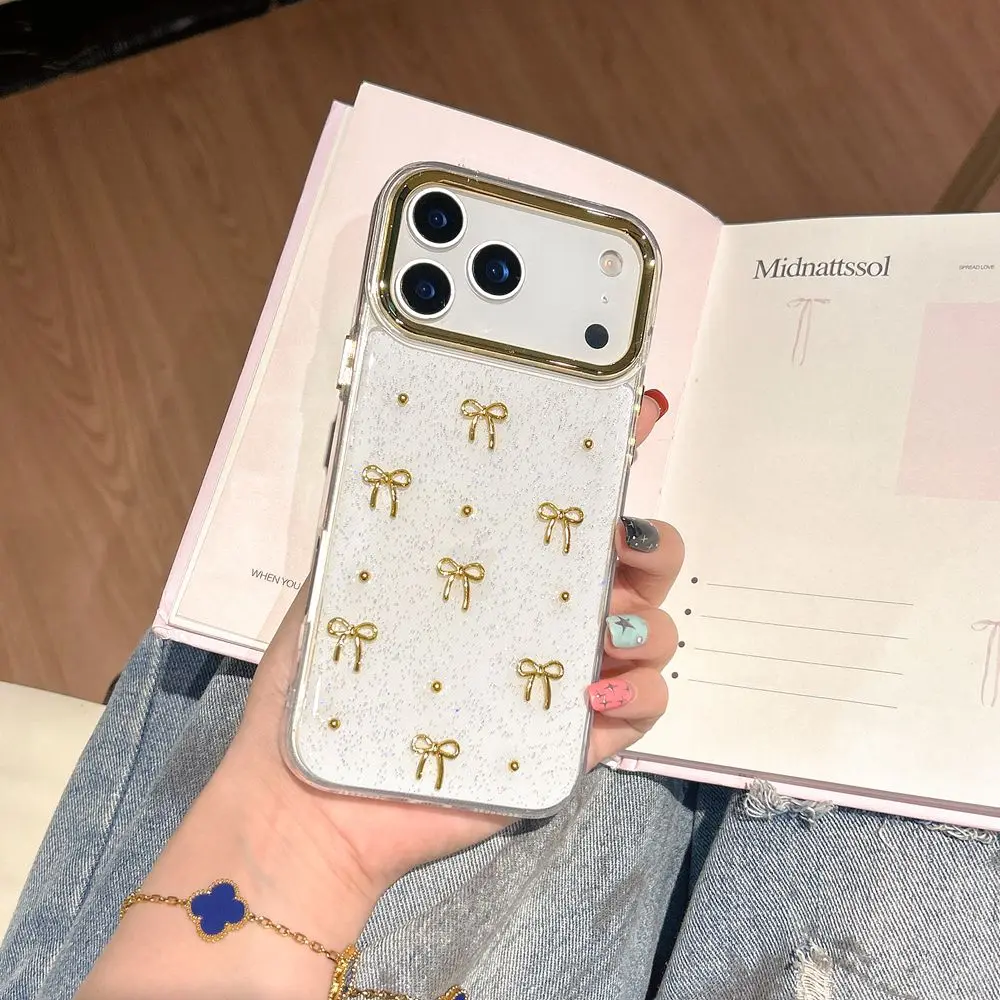 Cute 3D Golden Bowknot Transparent Case For iPhone 17 Air 11 12 13 14 16 Pro Max 15 Plus Girl's Epoxy Shell Clear Slim Cover