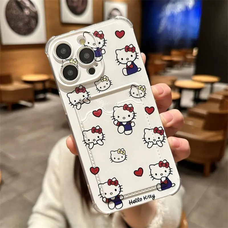 Cute Kitty Cartoon Cat Phone Case For IPhone 17 16 15 14 13 12 11 Pro Max 14 15 16 Plus 12 13 Mini 16E Photo Card Holder Wallet Clear Cover
