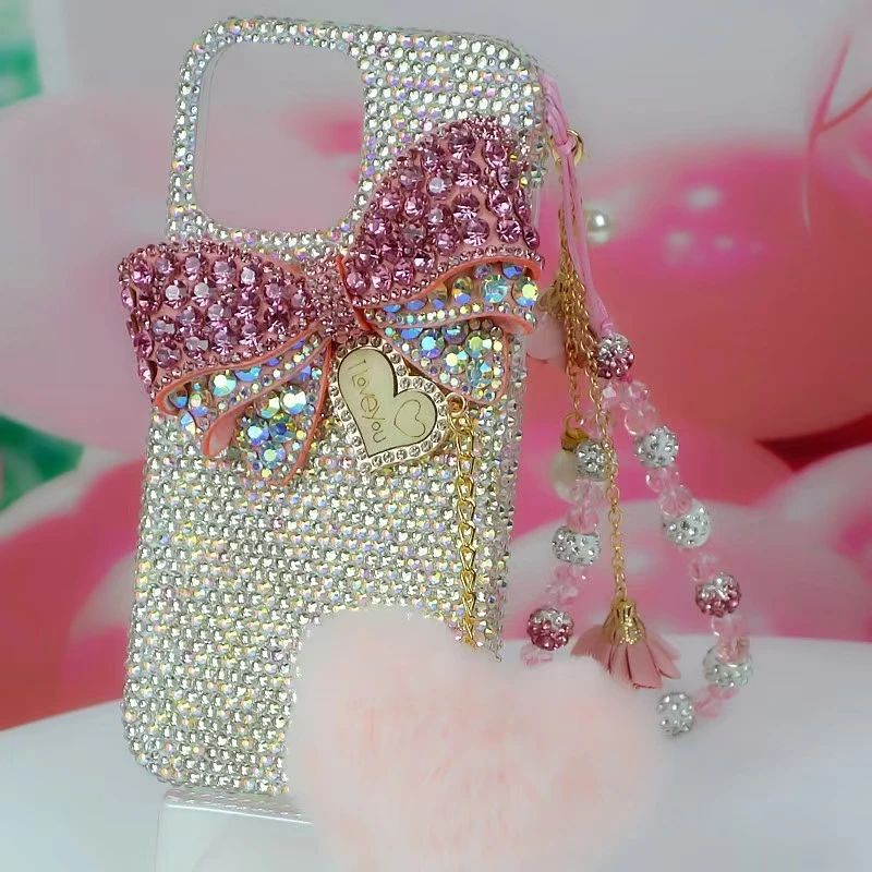 S31a57326b4e149b48c38075f730c85a1j.webp Crystal Diamond Bow Heart Fur Strap Phone Case For iPhone 16 17 Air 15 14 13 12 11 Pro Plus Max Samsung Galaxy S24 S23 S25 Ultra