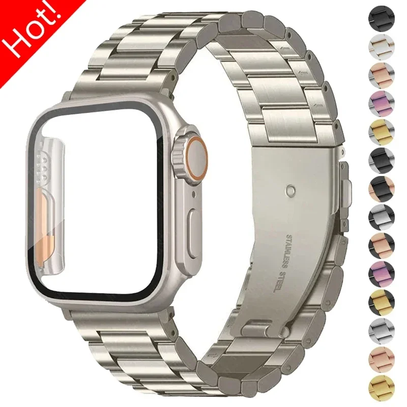 Stainless Steel Strap+Ultra Case for Apple Watch Band 44mm 45mm 41mm 40mm 42mm Case Metal Strap for iWatch Series 9 8 7 6 SE 5 4