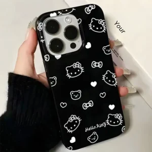Full Screen Cute Kitty Cartoon Cat Bow Cute KT Bear Phone Case For iPhone 16 15 14 13 12 11 Pro Max XR XS MAX 7 8 Plus MINI Y2K Black Cover