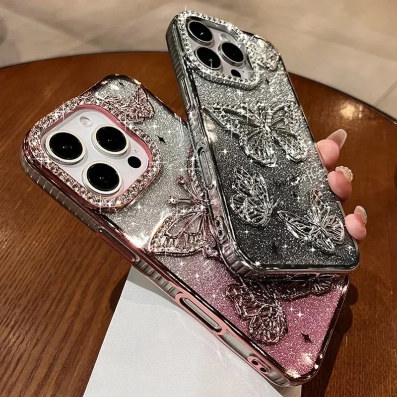 S321f0c11544149d290a68b9bc2affb9di.webp Plating Women Girl's Diamond Butterfly Phone Case for iPhone 17 16 11 12 13 14 15 Pro Max Plus Transparent Soft Silicone Cover