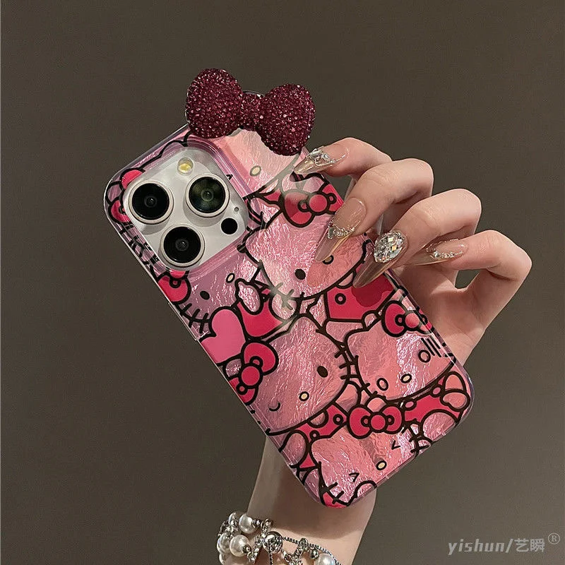 Cut Kitty Cartoon Diamond Bowknot Lustre Lining Hard Phone Case for iPhone 16 15 Pro Max 14 Plus 13 Mini 12 11 X XS XR 7 8 SE