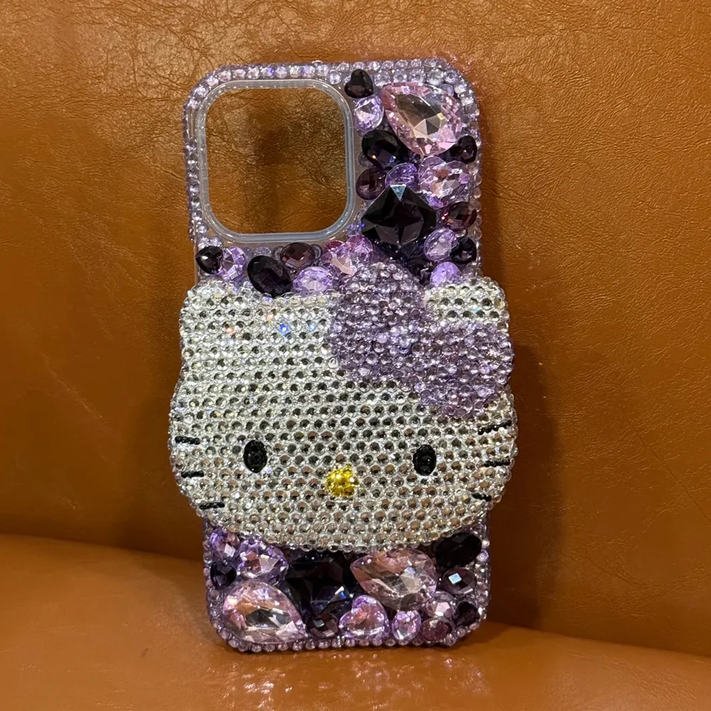 Cute Kitty Cat Rhinestone Bling Crystal Phone Case Chain For iPhone 16 12 13 14 15Pro Max X Xs XR 7 8 Plus SE 2 3 10 Transparent Bu