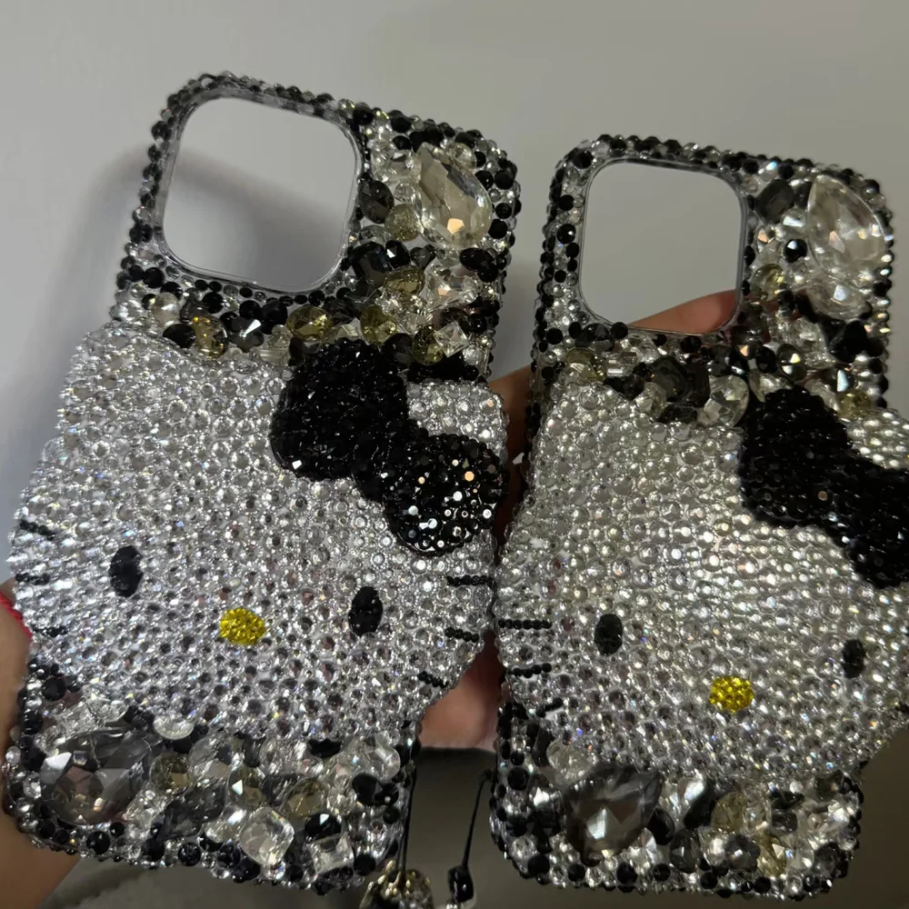 Cute Kitty Cat Rhinestone Bling Crystal Phone Case Chain For iPhone 16 12 13 14 15Pro Max X Xs XR 7 8 Plus SE 2 3 10 Transparent Bu