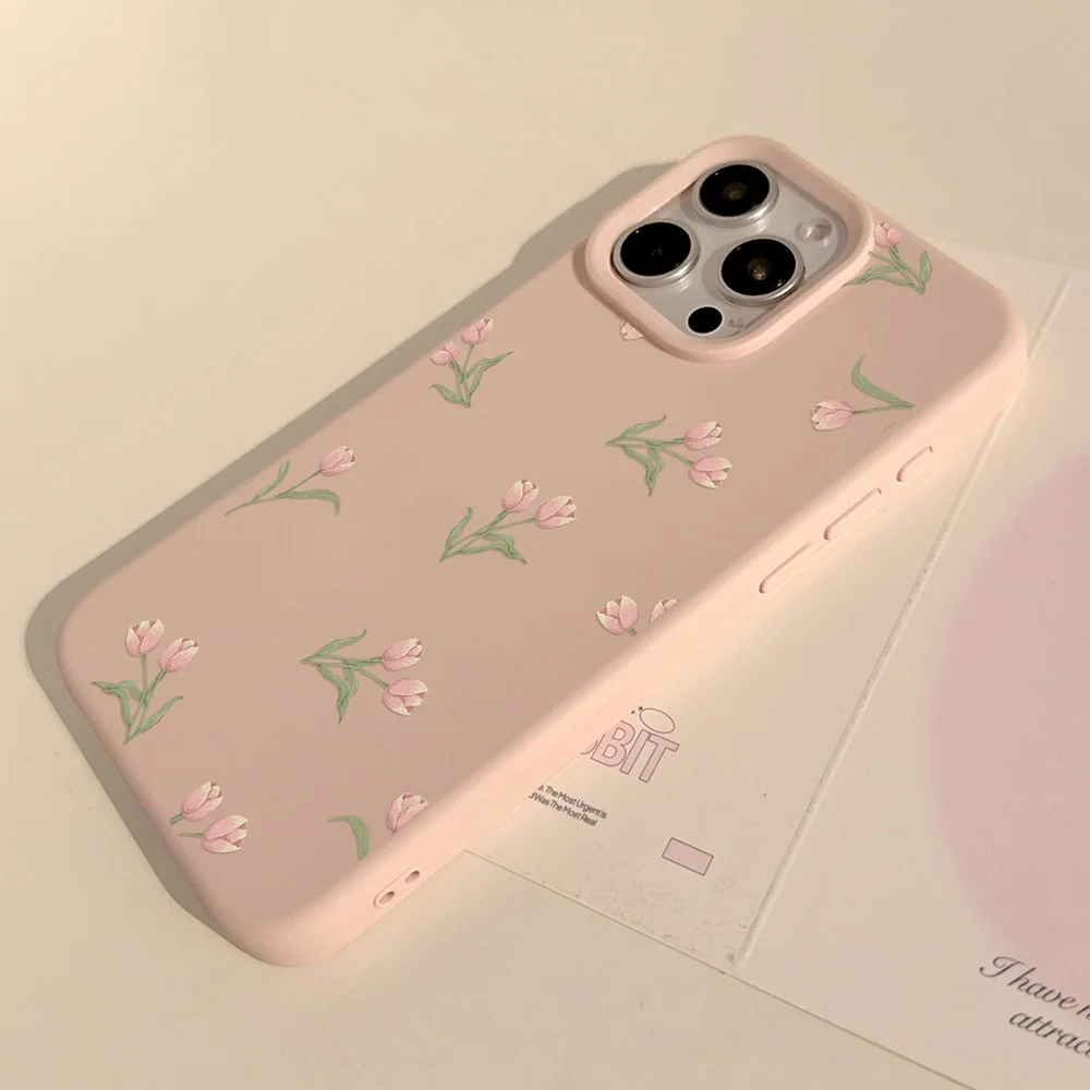 Cute Cartoon Tulip Flower Pattern Phone Case For iPhone 17 16 15 14 13 12 11 Pro Max Plus Silicone Shockproof Cases Cover