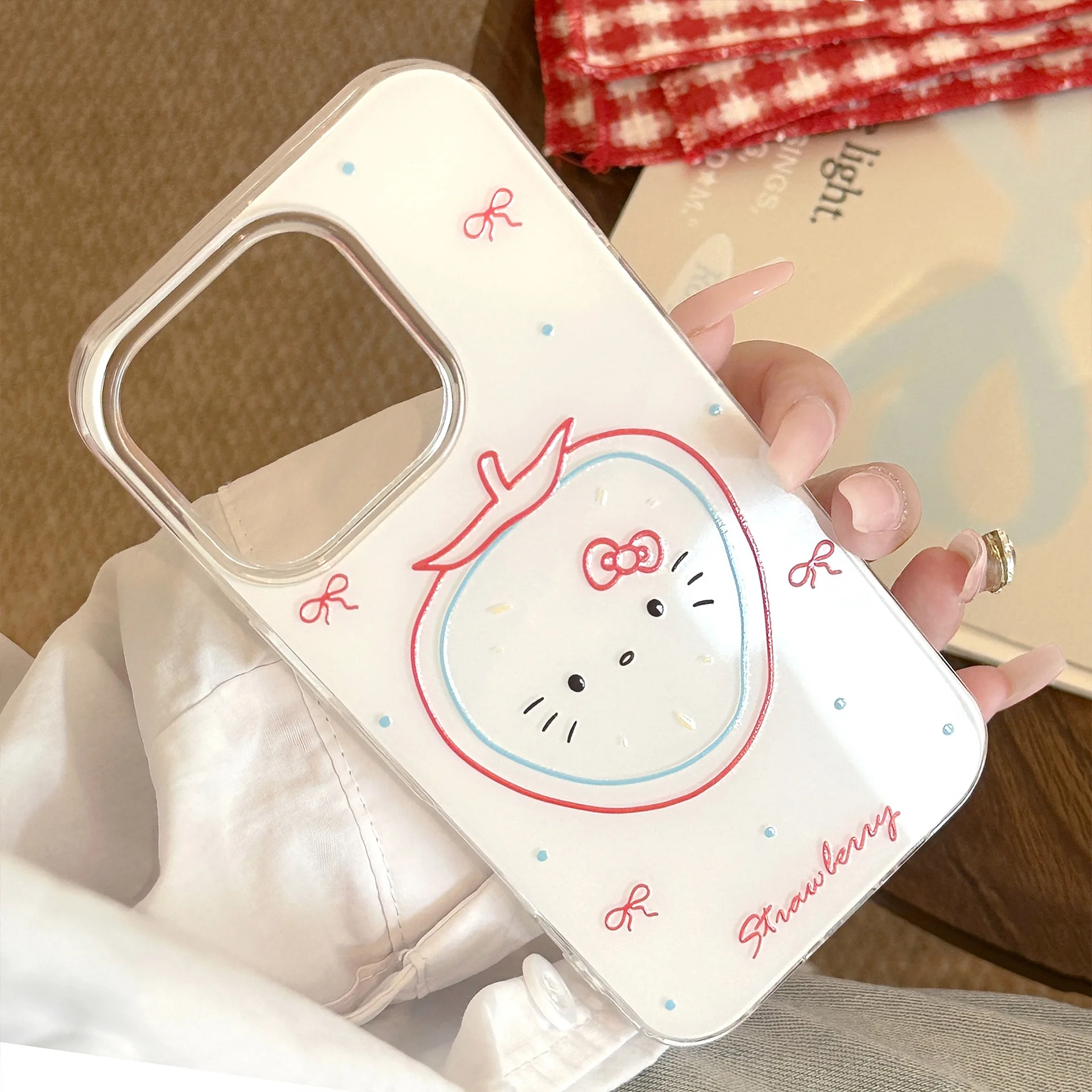 Cartoon Kitty Strawberry Phone Case For iPhone 16 13 14 15 12 11 Pro Max XS XR X With Pendant Shockproof Hard Cover