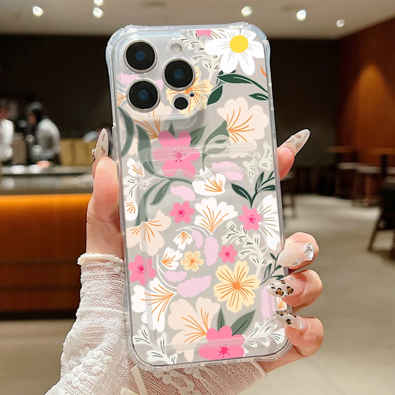 S364c4d0e002d4135b28f6d3f5d073b7d9.webp Clear Flowers Patterned Card Holder Phone Case For iPhone 17 Air 16 15 14 13 Pro Max 15 16 17 Pro 16e 12 11 Soft Card Bag Cover