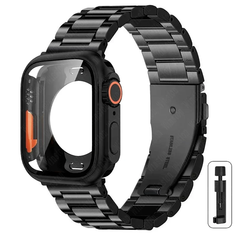 S37054e397efa4209827322dbac65a4734-2.webp Stainless Steel Strap+Ultra Case for Apple Watch Band 44mm 45mm 41mm 40mm 42mm Case Metal Strap for iWatch Series 9 8 7 6 SE 5 4