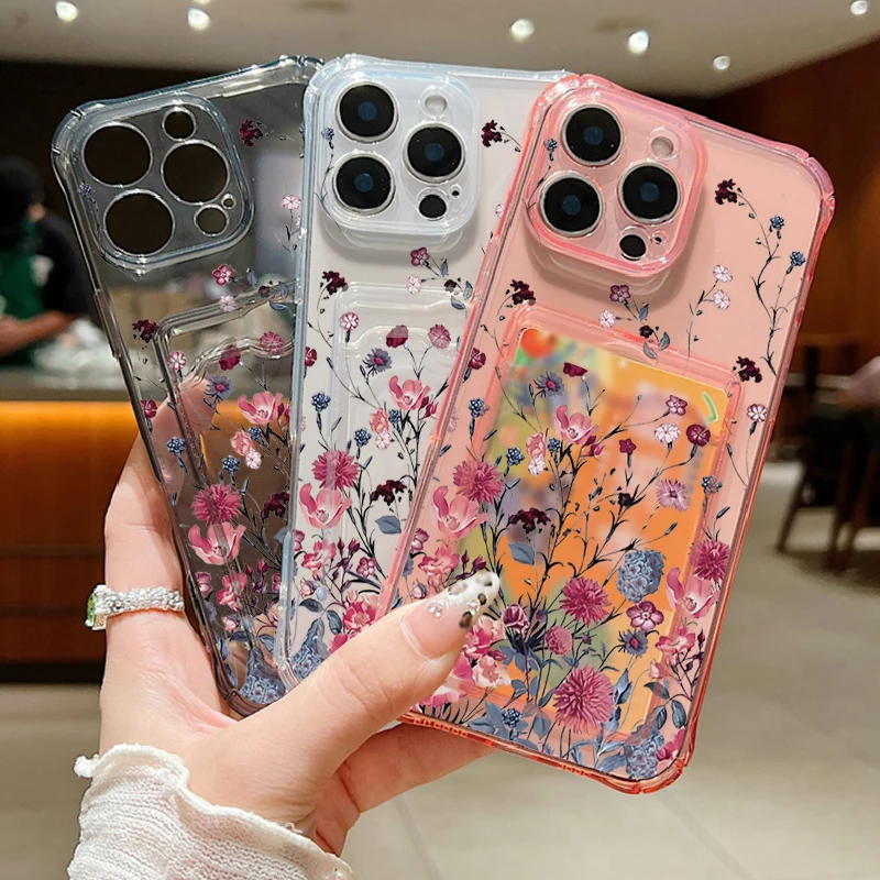 S3717a810b1224b70b5a7b7cc5e152817L.webp Clear Flowers Patterned Card Holder Phone Case For iPhone 17 Air 16 15 14 13 Pro Max 15 16 17 Pro 16e 12 11 Soft Card Bag Cover