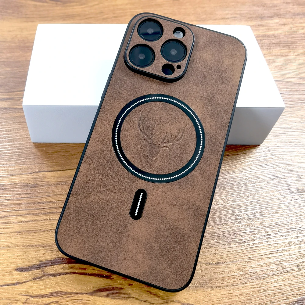 Luxury PU Leather Deer Case For iPhone 17 Air 16 15 14 13 12 11 Pro Max Plus 16E 15Pro 14Pro 13Pro Magsafe Wireless Charge Cover