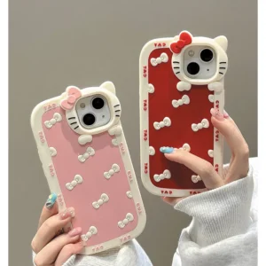 Lovely Cute Kitty Cartoon Cat 3D Bow KT Head Phone Case For iPhone 16 15 14 13 12 11 Pro Max Cartoon Y2K Pink Kawaii Silicone Cover