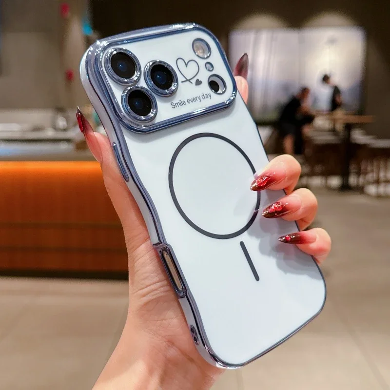 For Magsafe Plating Love Heart Wavy Lines Phone Cases for IPhone 17 16 14 13 12 11 Pro Max 16 15 Plus 17 Air Case Magnetic Cover