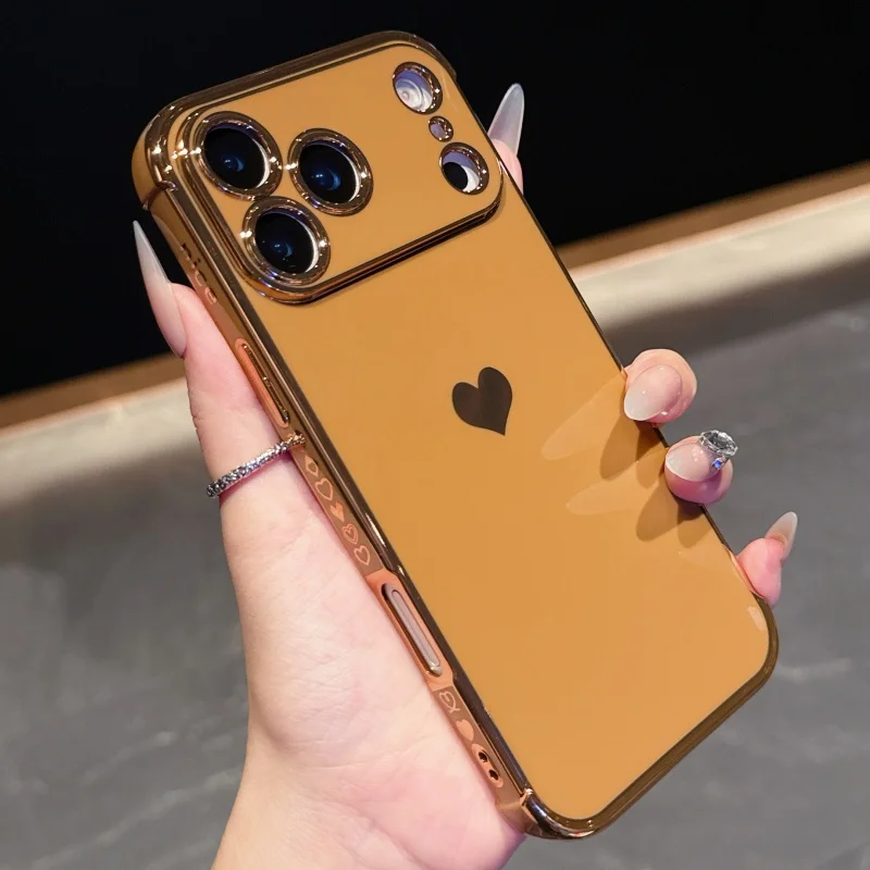 Luxury Plating Love Heart Soft Phone Case For iPhone 17 Air 16 15 14 13 12 11 Pro Max Mini Plus Edge Pattern Silicone Back Cover