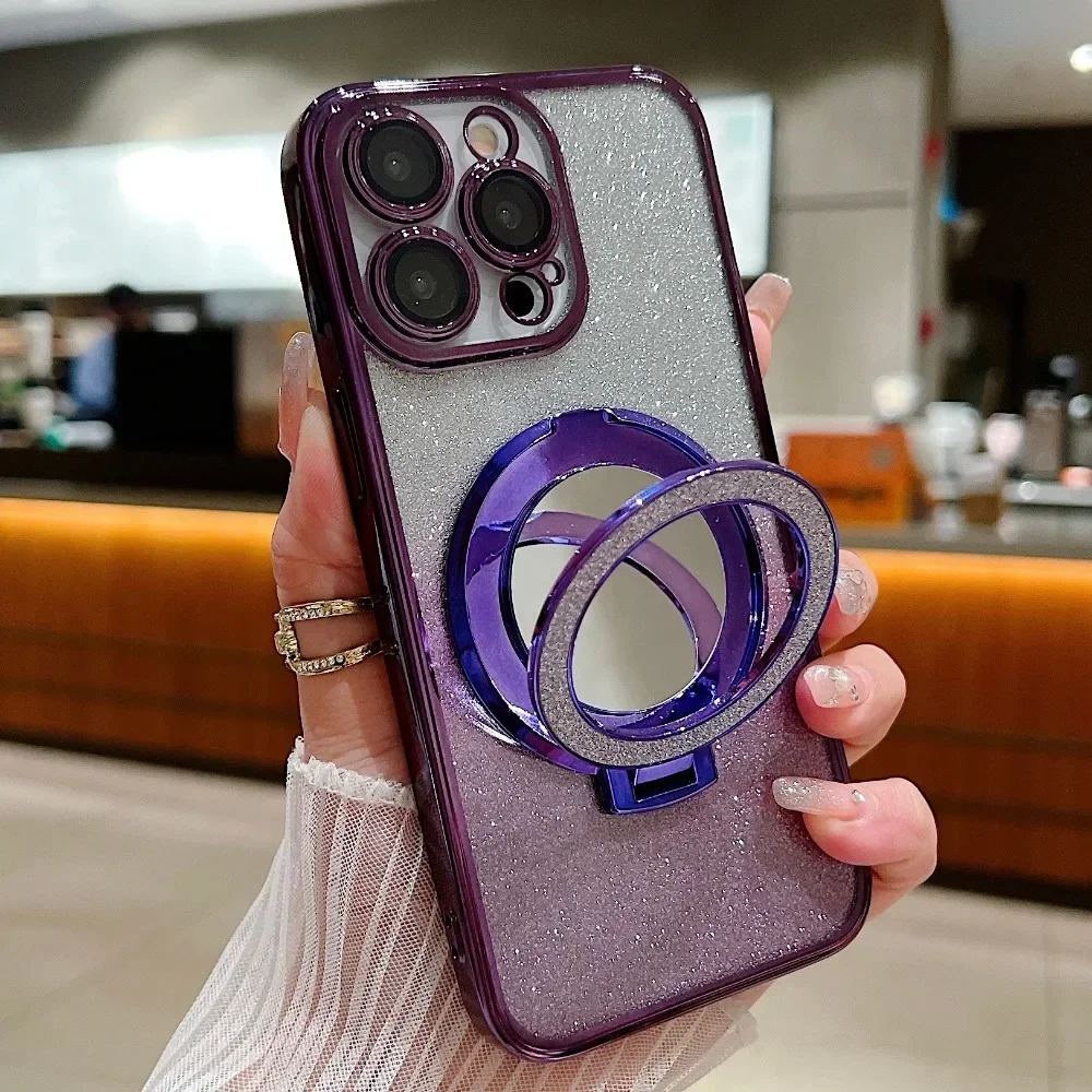 Glitter Diamond for Magsafe Bracket Case for iPhone 15 14 13 16 17 Pro Max Air 16 Plus 11 12 Xr Xs Ring Holder Gradient Cover