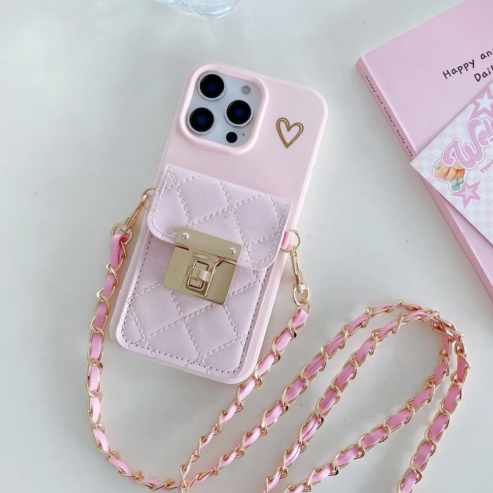 Love Heart Card Holder Wallet Phone Case For iPhone 17 Air 11 12 13 14 15 Pro Max 16 Plus Crossbody Lanyard Strap Rope Cover