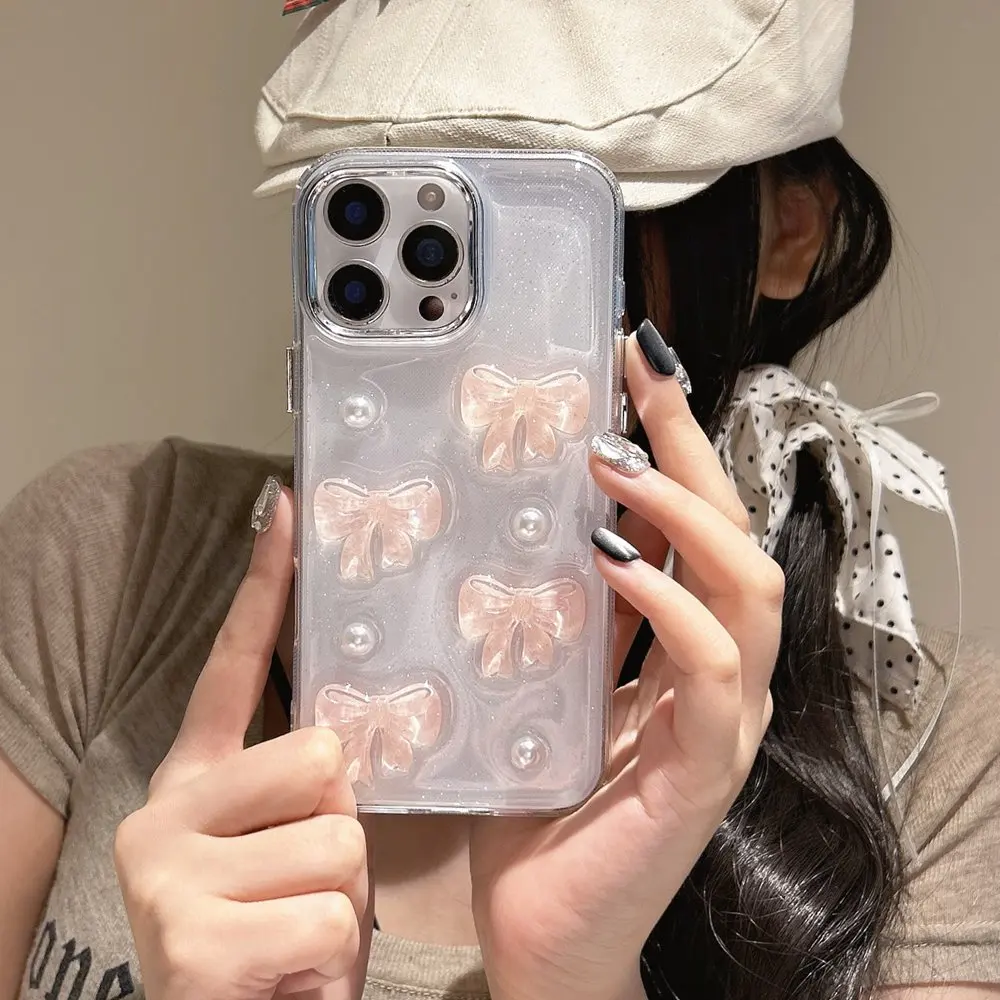 Cute 3D Pink Bowknot Pearl Clear Phone Case For iPhone 16 15 14 13 12 11 Pro Max 16 Plus Shockproof Transparent Cover