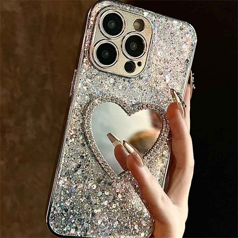 Luxury Bling Glitter Plating 3D Love Heart Mirror Sequins Case For iPhone 17 Air 16 14 15 13 12 11 Pro Max Lens Protection Cover