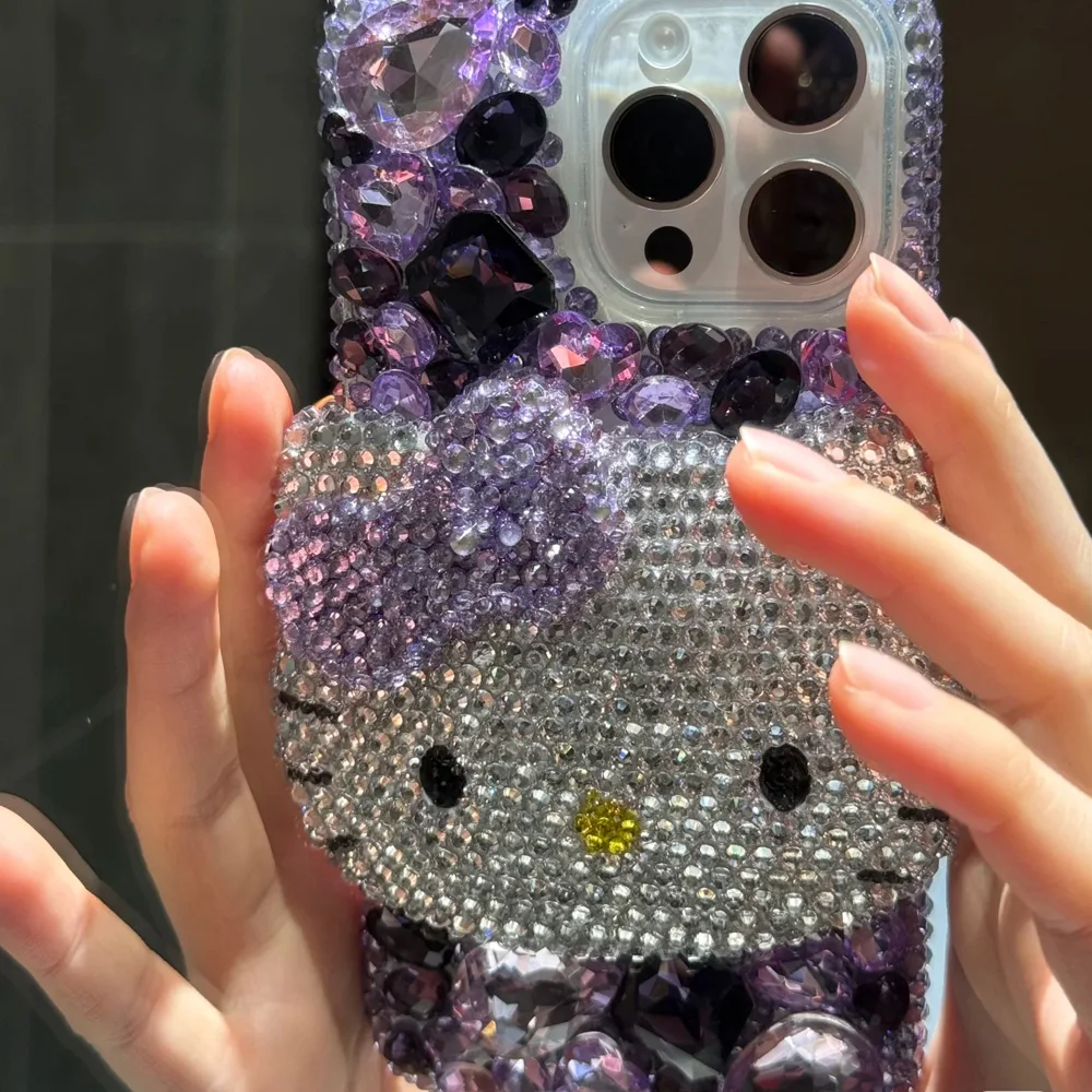 Cute Kitty Cat Rhinestone Bling Crystal Phone Case Chain For iPhone 16 12 13 14 15Pro Max X Xs XR 7 8 Plus SE 2 3 10 Transparent Bu