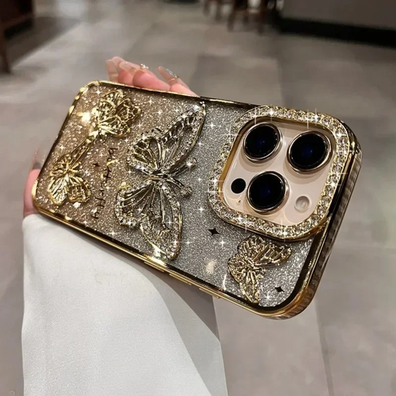 S3ab2c16815404f0999cd69c7ac5ea641q.webp Plating Women Girl's Diamond Butterfly Phone Case for iPhone 17 16 11 12 13 14 15 Pro Max Plus Transparent Soft Silicone Cover