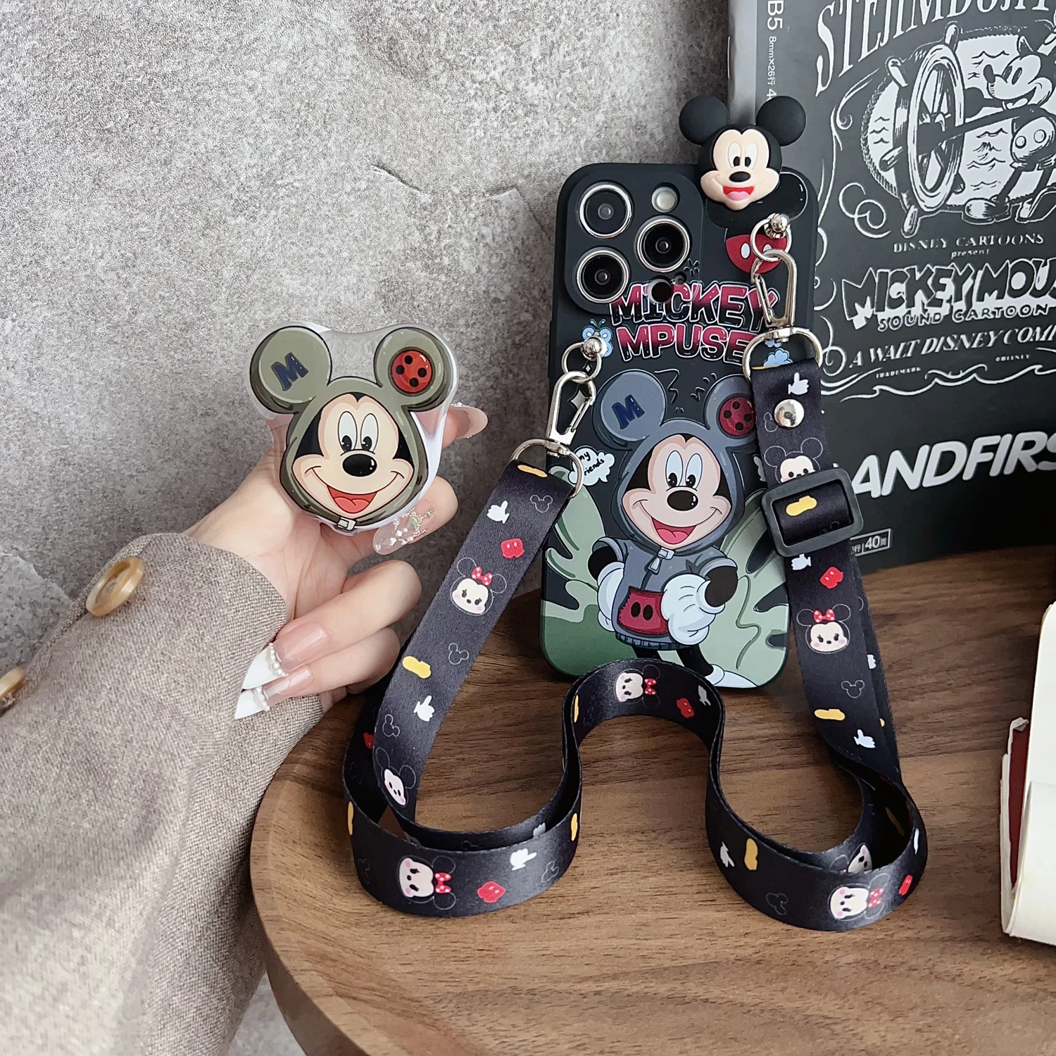 Cartoon Playful Mini Case With Holder Rope For iPhone 16 15 14 13 12 11 XR Xs 8 7 6 Pro Max Plus