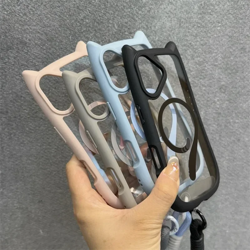 3D Cute Cat Ear Magsafe Case for iPhone 17 Pro 13 14 15 16 Plus 11 12 Pro Max Transparent PC Armor Cover with Wrist Strap Chain