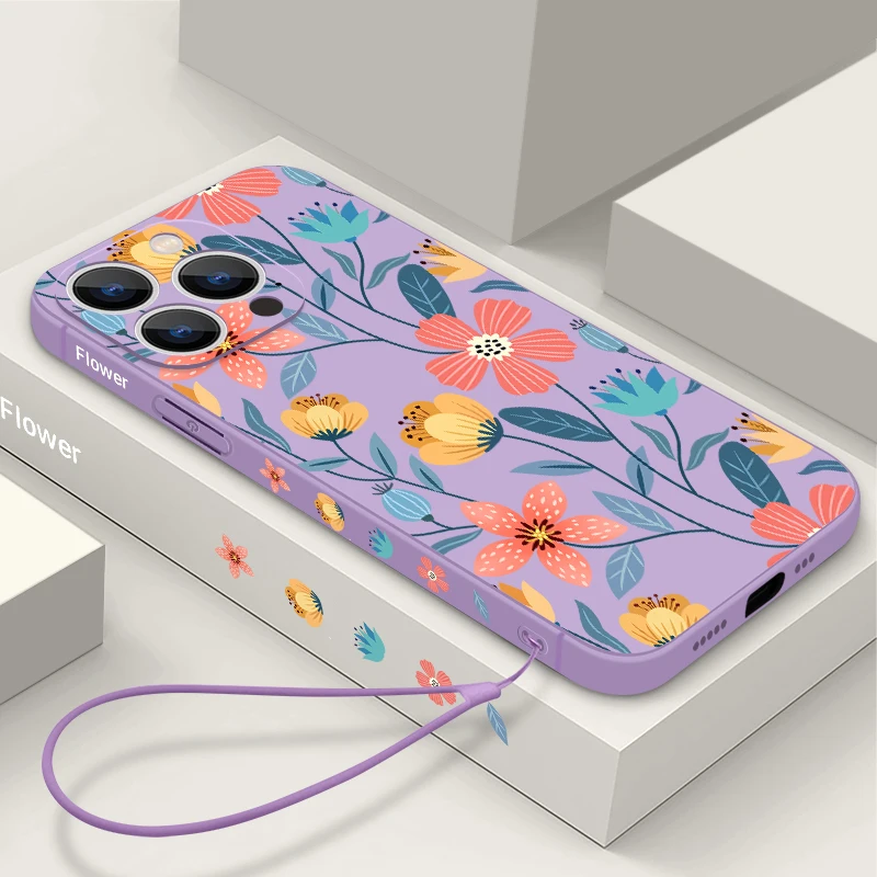 Flowers Soft Silicone Lanyard Case For iPhone 17 16e 15 16 Pro Max 12 13 14 11 Pro Max Air Shockproof Bumper Strip Phone Cover