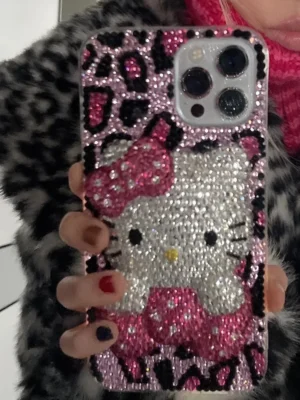 Kitty Cartoon Cat Rhinestone Bling Crystal Phone Case Chain For iPhone17 16 15 14 13 12 11Pro Max XR 7 8 Plus SE Mini Transparent
