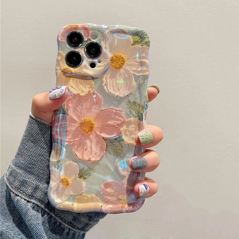 Luxury Laser Blue Light Flowers Phone Case For iPhone 17 Air 16 Pro Max 15 14 13 12 11 Plus Fashion Retro Shockproof Cover