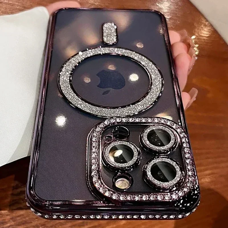 S41ac554cc5344362a9394253eb7a6507h.webp New Fashion Glitter Diamond Transparent Case For iPhone 16 15 14 13 11 12 17 Pro Max Plus Magnetic Wireless Charge Bumper Cover