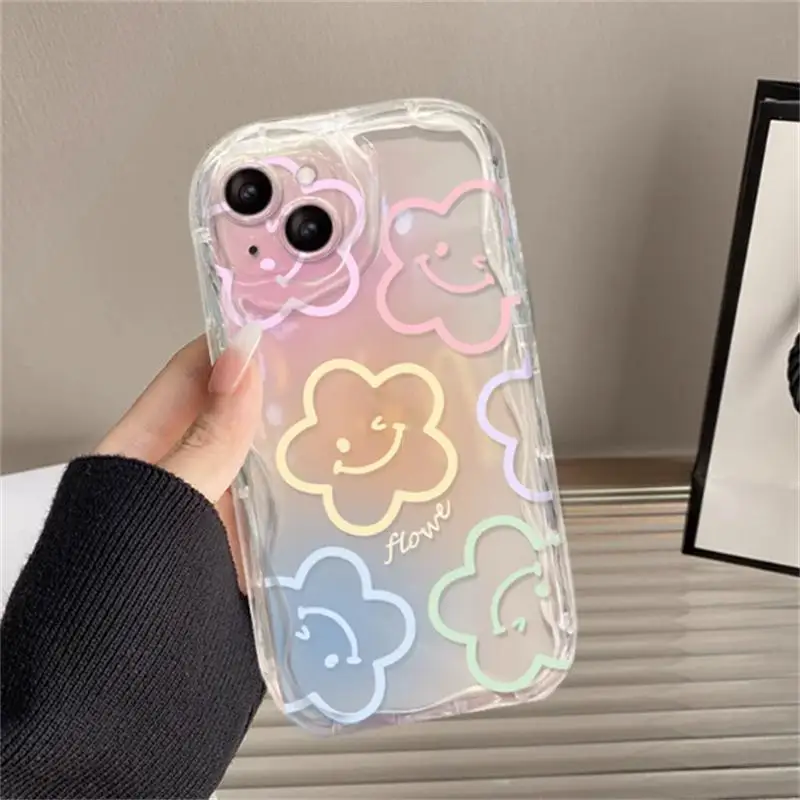 Color Smile Flower Grip Holder Wave Phone Case for Iphone 17 16 Pro Max 17 Air 11 12 13 Mini 14 Plus 15 Pro Max 16E Soft Cover
