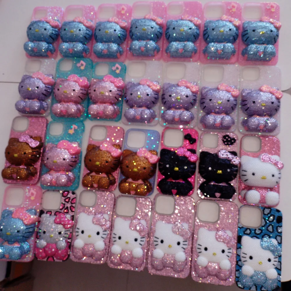Kitty Cartoon Cat Rhinestone Bling Crystal Phone Case Chain For iPhone17 16 15 14 13 12 11Pro Max XR 7 8 Plus SE Mini Transparent
