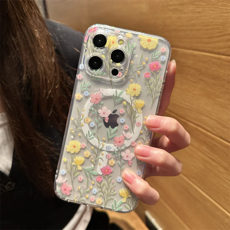 S4398ed60342747b4852f467efb0f4bf1U.webp Transparent Magsafe Magnetic Print Flower Pattern Case iPhone 17 Air 16 11 13 12 14 Pro Max 15 Plus Funda Wireless Charge Clear