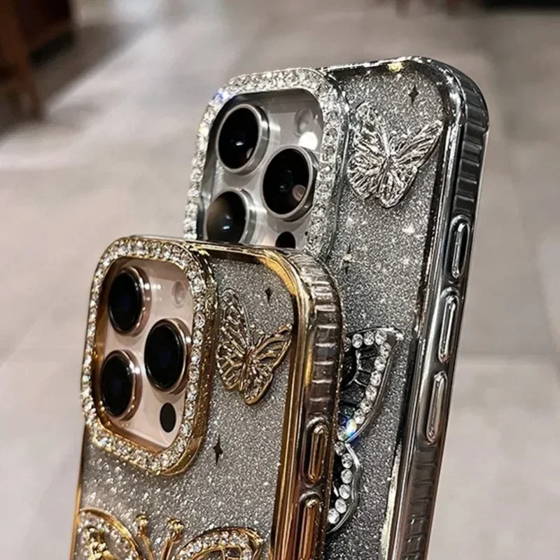 S43ade7b169a744b59e10f303d289588eT.webp Plating Women Girl's Diamond Butterfly Phone Case for iPhone 17 16 11 12 13 14 15 Pro Max Plus Transparent Soft Silicone Cover